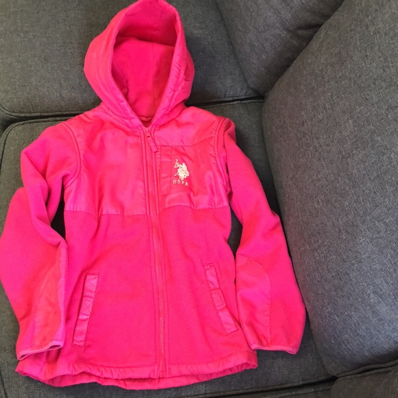 U.S. Polo Assoc. Girl’s Pink Plush Zip Hooded Jacket Pockets Arm Patches M - Picture 12 of 12